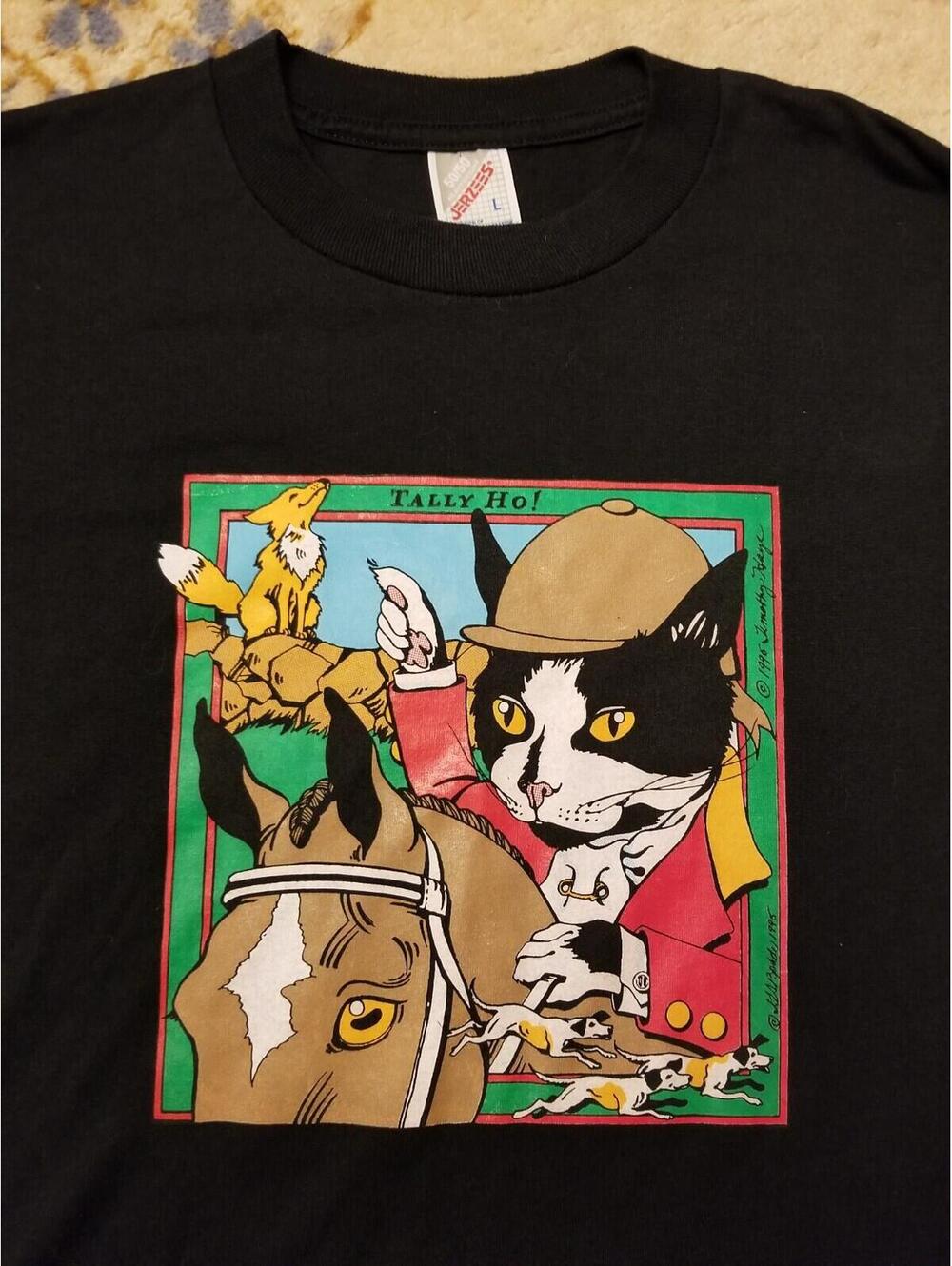 Rare Vtg 90s Tally Ho! Puss Boots Cat Horse Riding Portrait Shirt Black Mens L - Picture 7 of 7